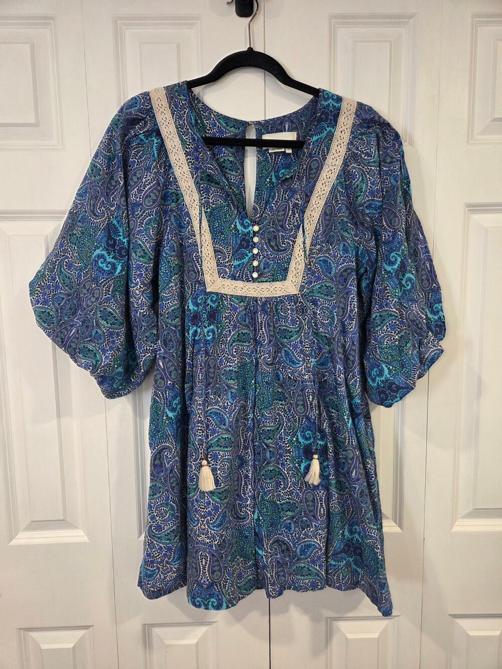 ANTHROPOLOGIE Romper S LISSA Shorts Balloon Sleeves Paisley Tassel Lined